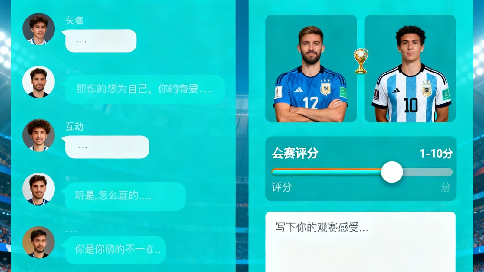世界杯球迷社区互动界面，实时聊天与赛后评分板块
